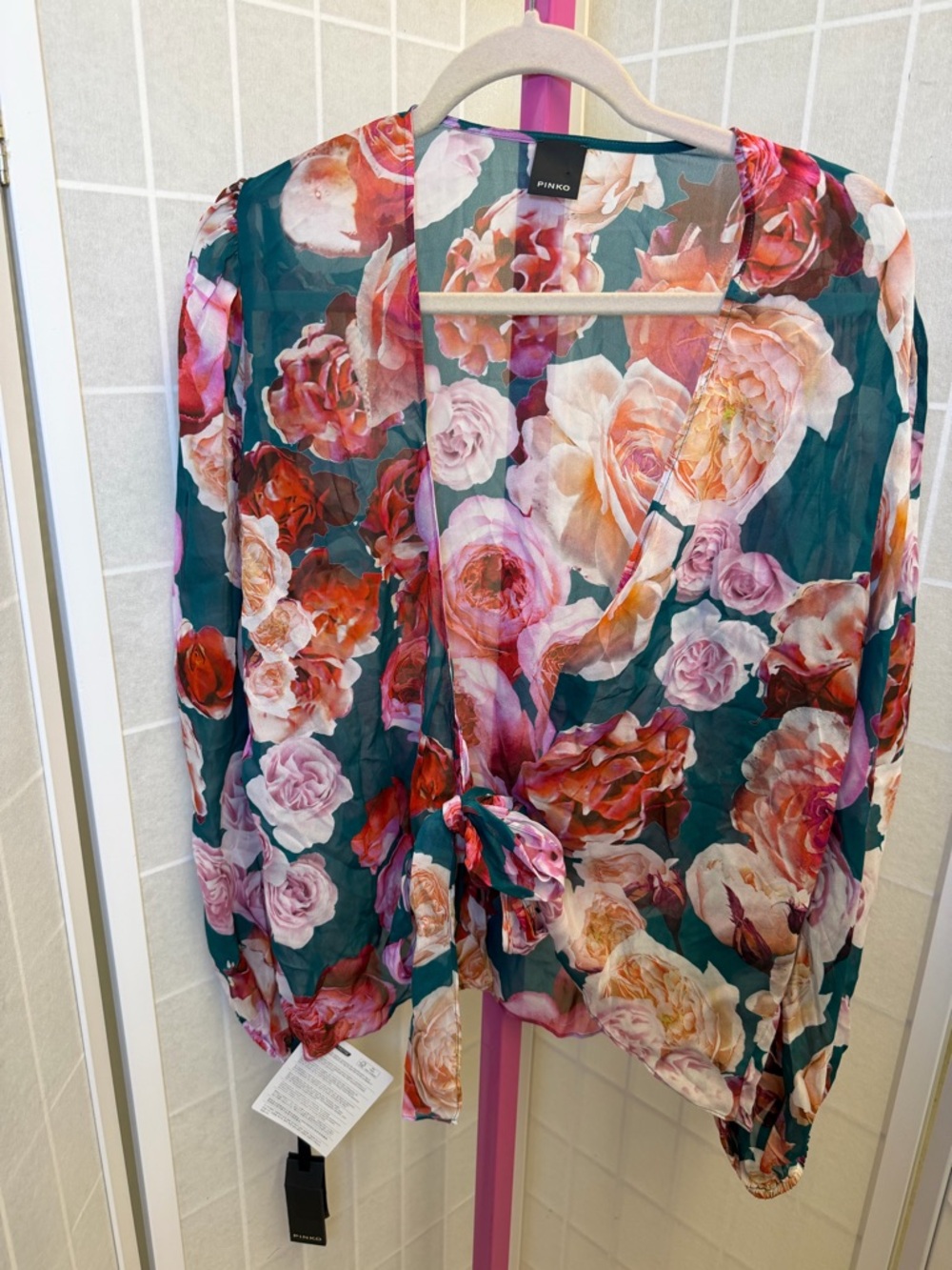 NWT Pinko Teal Floral Wrap Blouse with Pink & Peach Roses - Picture 2 of 9